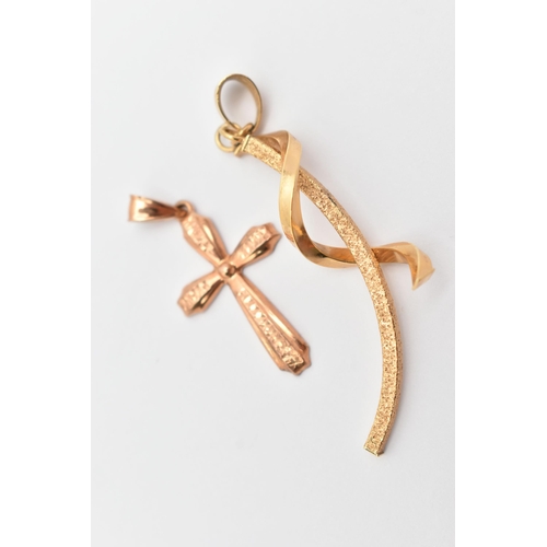 54 - TWO 9CT GOLD PENDANTS, the first a rose gold cross pendant, approximate length including bail 32mm, ... 