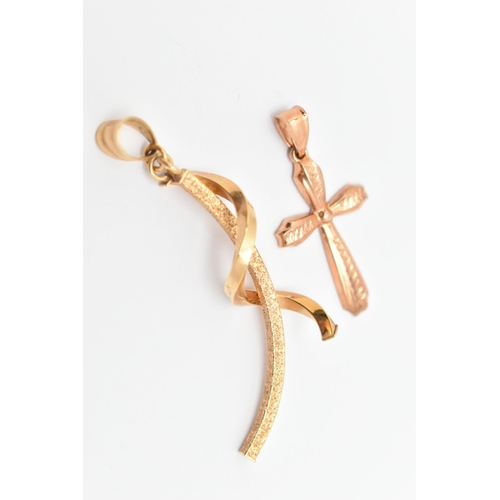 54 - TWO 9CT GOLD PENDANTS, the first a rose gold cross pendant, approximate length including bail 32mm, ... 