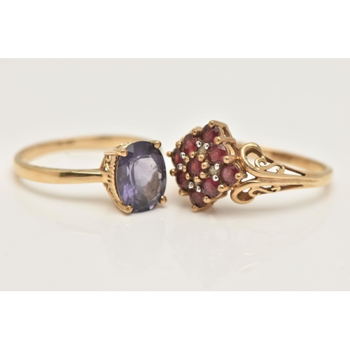 55 - TWO 9CT GOLD GEM SET RINGS, the first a garnet cluster ring with diamond accents, scrolling detail t... 