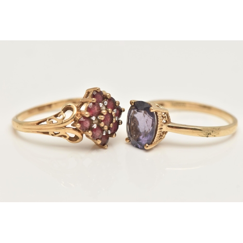 55 - TWO 9CT GOLD GEM SET RINGS, the first a garnet cluster ring with diamond accents, scrolling detail t... 