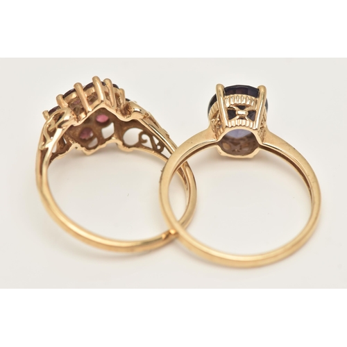 55 - TWO 9CT GOLD GEM SET RINGS, the first a garnet cluster ring with diamond accents, scrolling detail t... 