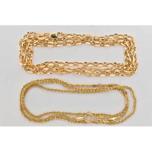 59 - TWO 9CT GOLD CHAIN NECKLACES, the first a yellow gold belcher link chain necklace, fitted with a lob... 