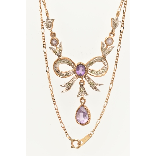 61 - A 9CT GOLD GEM SET NECKLACE, designed as a bi colour bow set with single cut diamonds, fitted with a... 