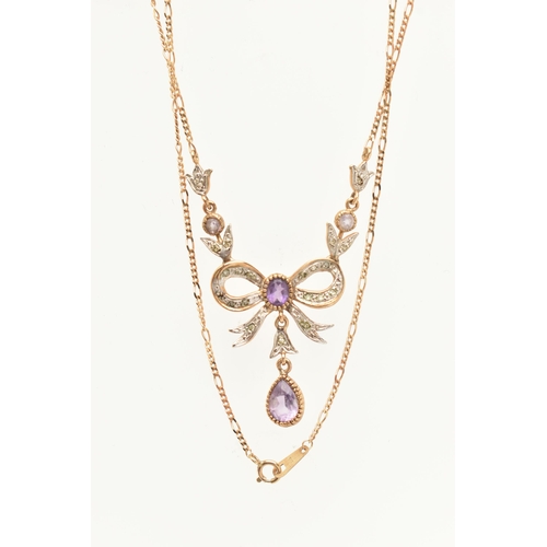 61 - A 9CT GOLD GEM SET NECKLACE, designed as a bi colour bow set with single cut diamonds, fitted with a... 