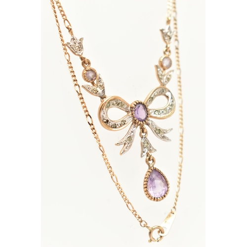 61 - A 9CT GOLD GEM SET NECKLACE, designed as a bi colour bow set with single cut diamonds, fitted with a... 