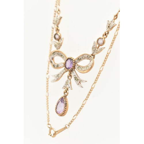 61 - A 9CT GOLD GEM SET NECKLACE, designed as a bi colour bow set with single cut diamonds, fitted with a... 