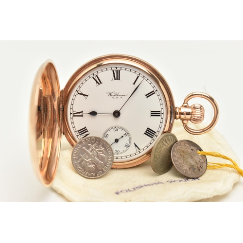 66 - A 9CT GOLD FULL HUNTER POCKET WATCH, hand wound movement, round white dial signed 'Waltham U.S.A', R... 