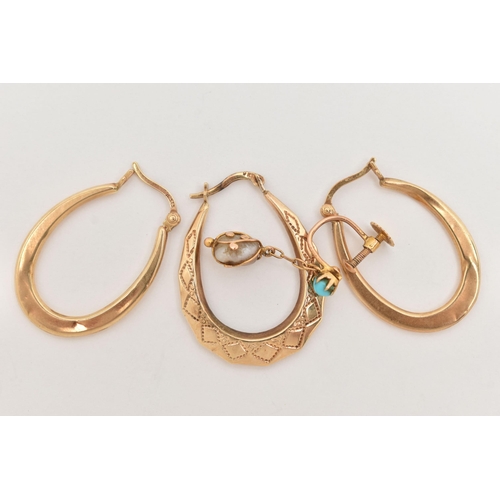 67 - A PAIR OF YELLOW METAL HOOP EARRINGS AND TWO SINGLE EARRINGS, to include a pair of polished hollow o... 