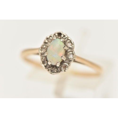 70 - A 9CT GOLD RING AND A LAVALIER PENDANT, an oval cabochon opal, set with a surround of single cut dia... 