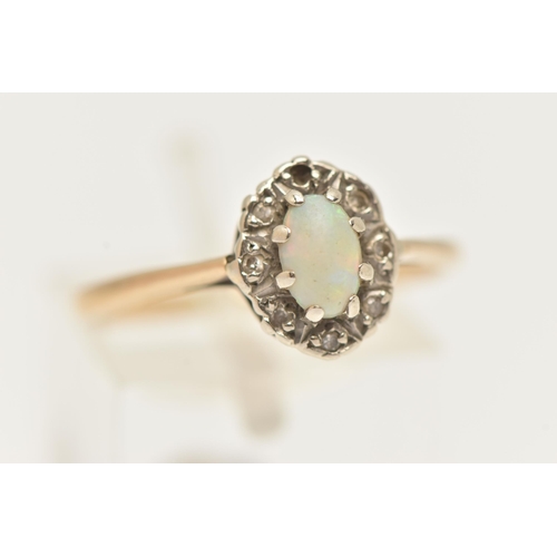 70 - A 9CT GOLD RING AND A LAVALIER PENDANT, an oval cabochon opal, set with a surround of single cut dia... 