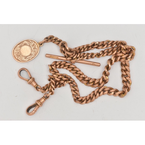 72 - A 9CT ROSE GOLD DOUBLE ALBERT CHAIN WITH FOB, graduated curb link chain, each link stamped 9.375, fi... 