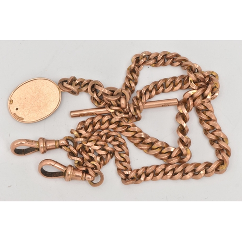 72 - A 9CT ROSE GOLD DOUBLE ALBERT CHAIN WITH FOB, graduated curb link chain, each link stamped 9.375, fi... 