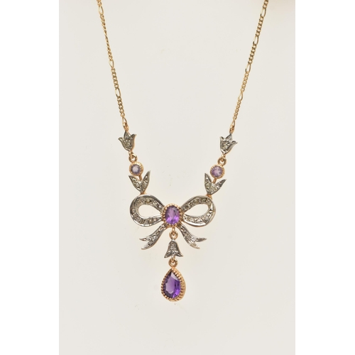 73 - A 9CT GOLD GEM SET NECKLACE, designed as a bi colour bow set with single cut diamonds, fitted with a... 