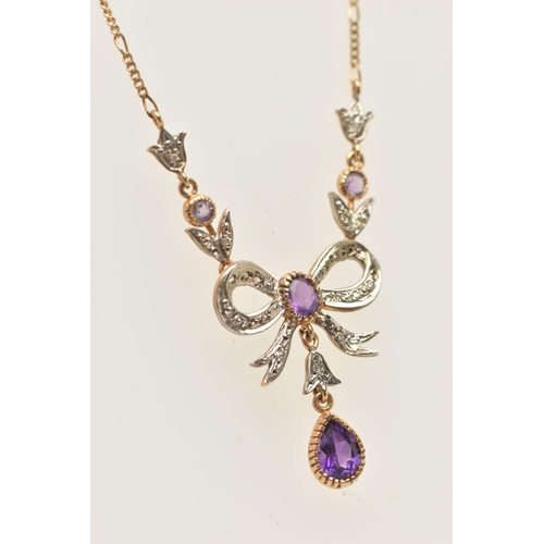 73 - A 9CT GOLD GEM SET NECKLACE, designed as a bi colour bow set with single cut diamonds, fitted with a... 