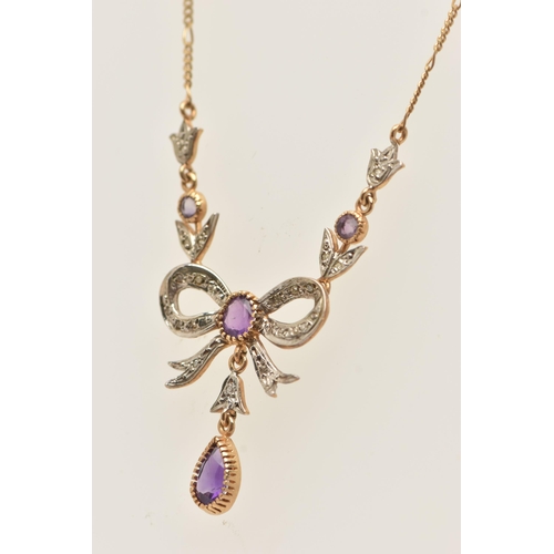 73 - A 9CT GOLD GEM SET NECKLACE, designed as a bi colour bow set with single cut diamonds, fitted with a... 