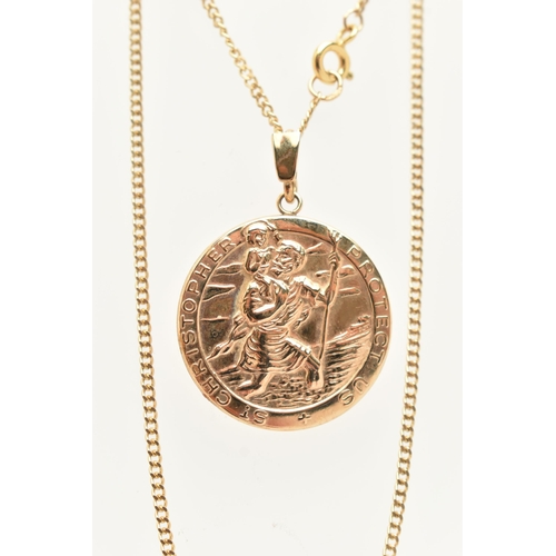 76 - A 9CT GOLD NECKLACE, a circular form St Christopers pendant, suspended from a fine curb chain fitted... 