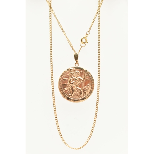 76 - A 9CT GOLD NECKLACE, a circular form St Christopers pendant, suspended from a fine curb chain fitted... 