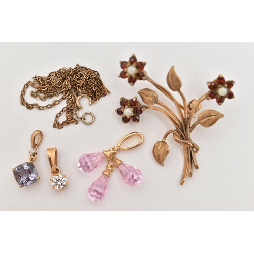 78 - AN ASSORTMENT OF JEWELLERY, to include a 9ct gold gem set floral brooch, hallmarked 9ct London, appr... 