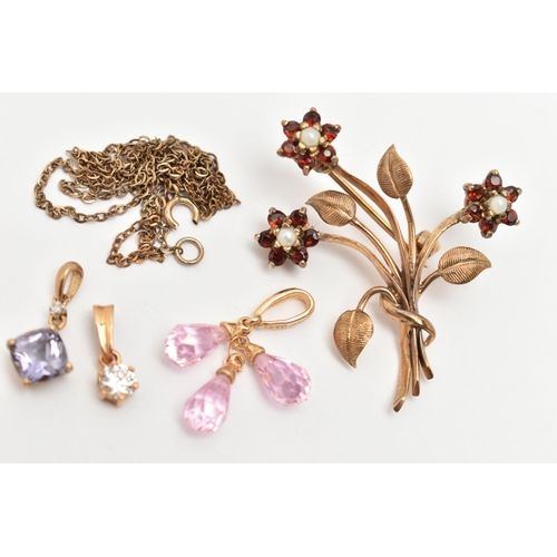 78 - AN ASSORTMENT OF JEWELLERY, to include a 9ct gold gem set floral brooch, hallmarked 9ct London, appr... 