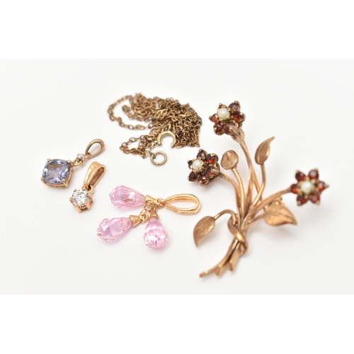 78 - AN ASSORTMENT OF JEWELLERY, to include a 9ct gold gem set floral brooch, hallmarked 9ct London, appr... 