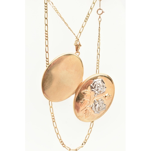 79 - A 9CT GOLD LOCKET AND CHAIN, an oval bi colour locket with floral detail, hallmarked 9ct Birmingham,... 