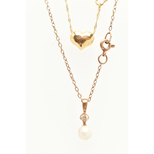 80 - A 9CT GOLD NECKLACE AND A YELLOW METAL NECKLACE, the first a cultured pearl pendant suspended from a... 