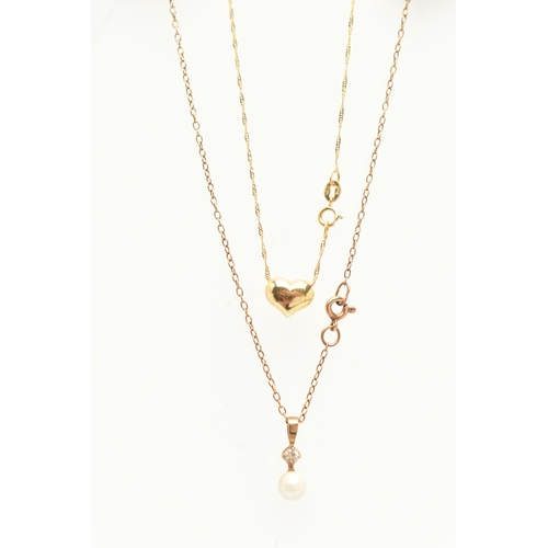 80 - A 9CT GOLD NECKLACE AND A YELLOW METAL NECKLACE, the first a cultured pearl pendant suspended from a... 