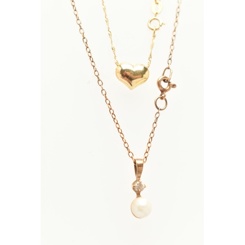 80 - A 9CT GOLD NECKLACE AND A YELLOW METAL NECKLACE, the first a cultured pearl pendant suspended from a... 