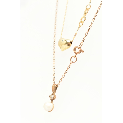 80 - A 9CT GOLD NECKLACE AND A YELLOW METAL NECKLACE, the first a cultured pearl pendant suspended from a... 