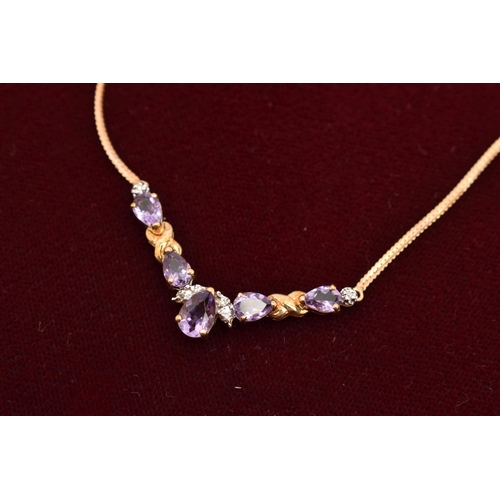 82 - A 9CT GOLD GEM SET NECKLACE, a festoon style necklace, set with five pear cut amethysts and diamond ... 