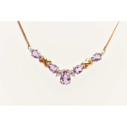 82 - A 9CT GOLD GEM SET NECKLACE, a festoon style necklace, set with five pear cut amethysts and diamond ... 