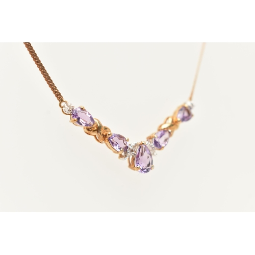 82 - A 9CT GOLD GEM SET NECKLACE, a festoon style necklace, set with five pear cut amethysts and diamond ... 