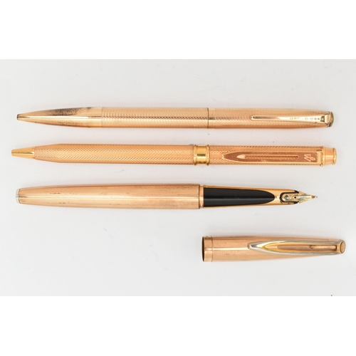 103 - THREE PENS, the first a rolled gold 'Waterman' fountain pen, nib stamped 14ct, personalised engravin... 