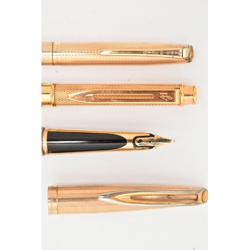 103 - THREE PENS, the first a rolled gold 'Waterman' fountain pen, nib stamped 14ct, personalised engravin... 