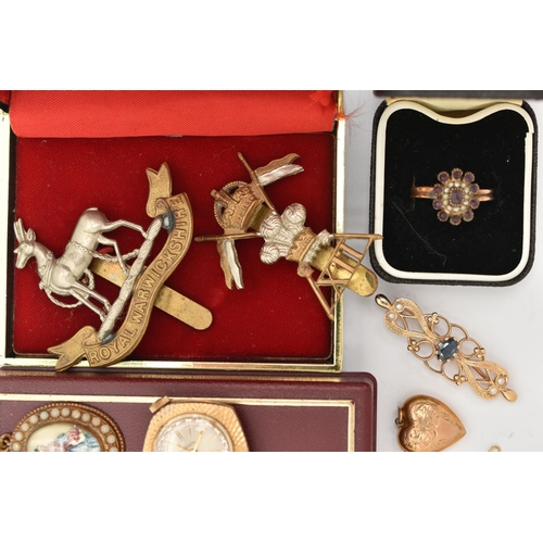 104 - AN ASSORTMENT OF JEWELLERY, to include a yellow metal heart locket, stamped 9ct bk & ft, a 19th cent... 