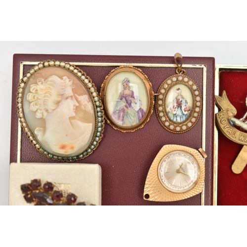 104 - AN ASSORTMENT OF JEWELLERY, to include a yellow metal heart locket, stamped 9ct bk & ft, a 19th cent... 