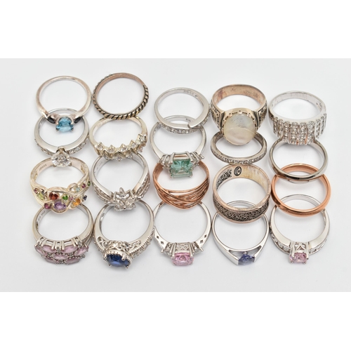 107 - A BAG OF TWENTY RINGS, to include eighteen white metal rings of various designs, most stamped 925, s... 