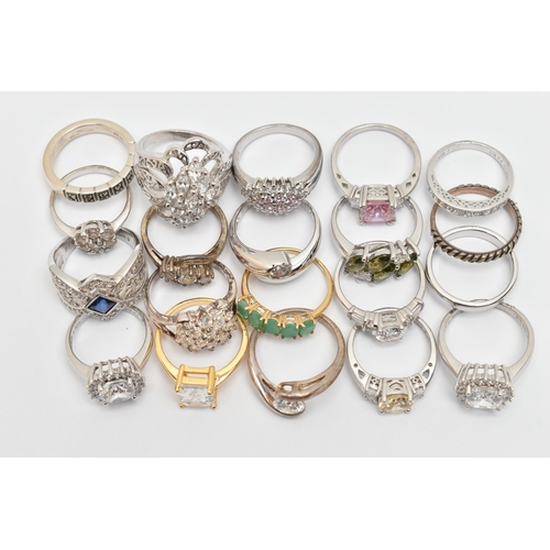 108 - A BAG OF TWENTY RINGS, to include eighteen white metal rings of various designs, most set with cubic... 