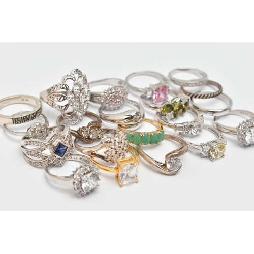 108 - A BAG OF TWENTY RINGS, to include eighteen white metal rings of various designs, most set with cubic... 