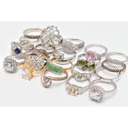 108 - A BAG OF TWENTY RINGS, to include eighteen white metal rings of various designs, most set with cubic... 