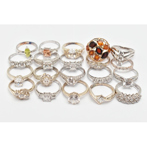 109 - A BAG OF TWENTY RINGS, to include nineteen white metal rings of various designs, most set with cubic... 