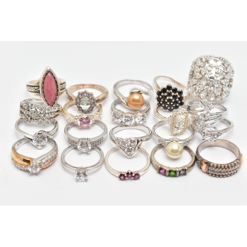 111 - A BAG OF TWENTY WHITE METAL RINGS, of various designs, most set with cubic zirconia or semi-precious... 