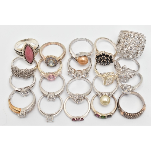 111 - A BAG OF TWENTY WHITE METAL RINGS, of various designs, most set with cubic zirconia or semi-precious... 