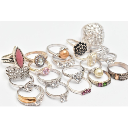 111 - A BAG OF TWENTY WHITE METAL RINGS, of various designs, most set with cubic zirconia or semi-precious... 