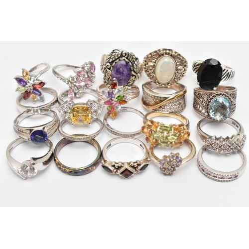 113 - A BAG OF TWENTY WHITE METAL RINGS, of various designs, some set with cubic zirconia or semi-precious... 