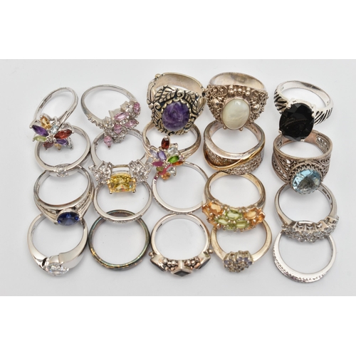 113 - A BAG OF TWENTY WHITE METAL RINGS, of various designs, some set with cubic zirconia or semi-precious... 