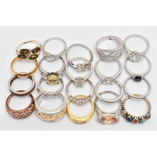 115 - A BAG OF TWENTY RINGS, to include seventeen white metal rings of various designs, most stamped 925, ... 