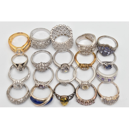 116 - A BAG OF TWENTY RINGS, to include eighteen white metal rings, most set with cubic zirconia or semi-p... 