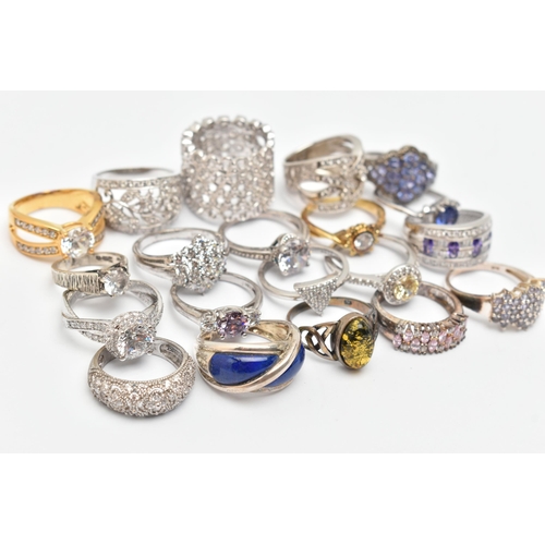 116 - A BAG OF TWENTY RINGS, to include eighteen white metal rings, most set with cubic zirconia or semi-p... 