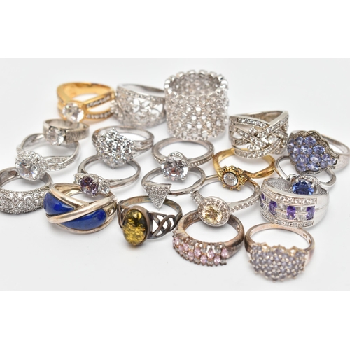 116 - A BAG OF TWENTY RINGS, to include eighteen white metal rings, most set with cubic zirconia or semi-p... 